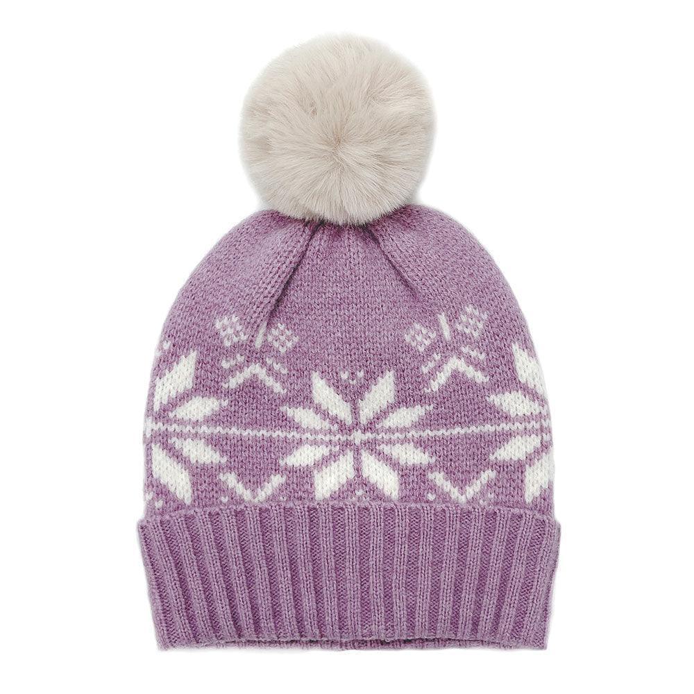 Snowflake Printed Faux Fur Pom Pom Beanie Hat - Jewelry Store by Erik Rayo
