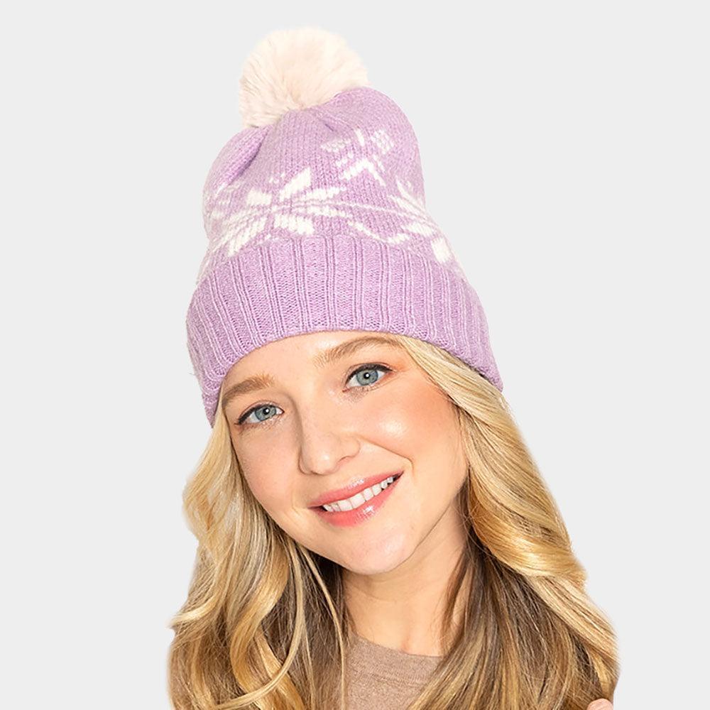 Snowflake Printed Faux Fur Pom Pom Beanie Hat - Jewelry Store by Erik Rayo