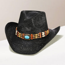 Load image into Gallery viewer, Oval Turquoise Stone Pointed Wood Beaded Straw Cowboy Hat
