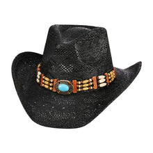 Load image into Gallery viewer, Oval Turquoise Stone Pointed Wood Beaded Straw Cowboy Hat
