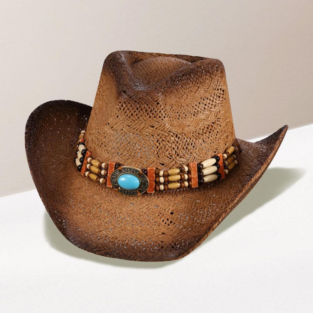 Oval Turquoise Stone Pointed Wood Beaded Straw Cowboy Hat - Jewelry Store by Erik Rayo