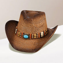 Load image into Gallery viewer, Oval Turquoise Stone Pointed Wood Beaded Straw Cowboy Hat
