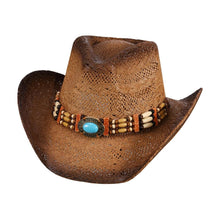 Load image into Gallery viewer, Oval Turquoise Stone Pointed Wood Beaded Straw Cowboy Hat
