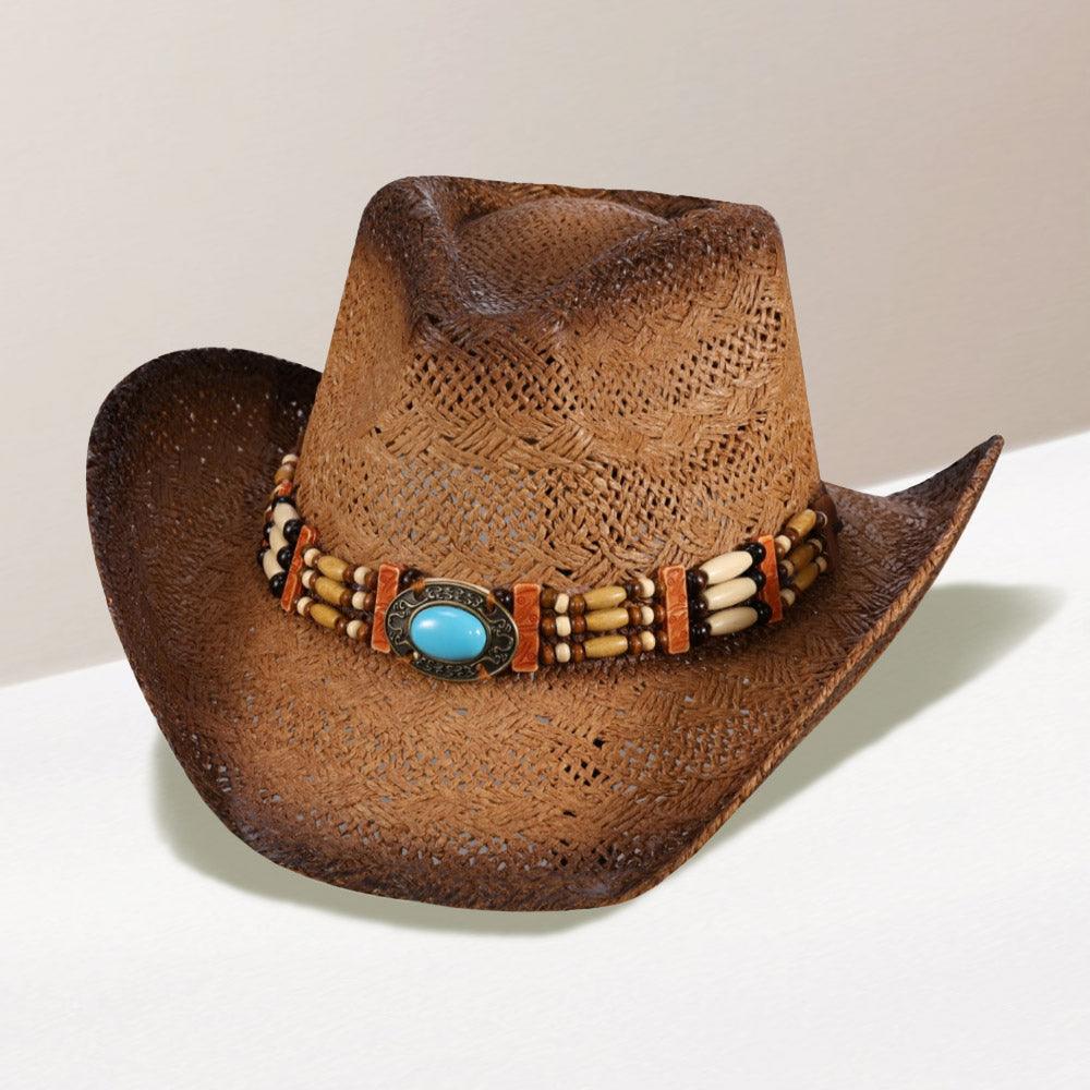 Oval Turquoise Stone Pointed Wood Beaded Straw Cowboy Hat