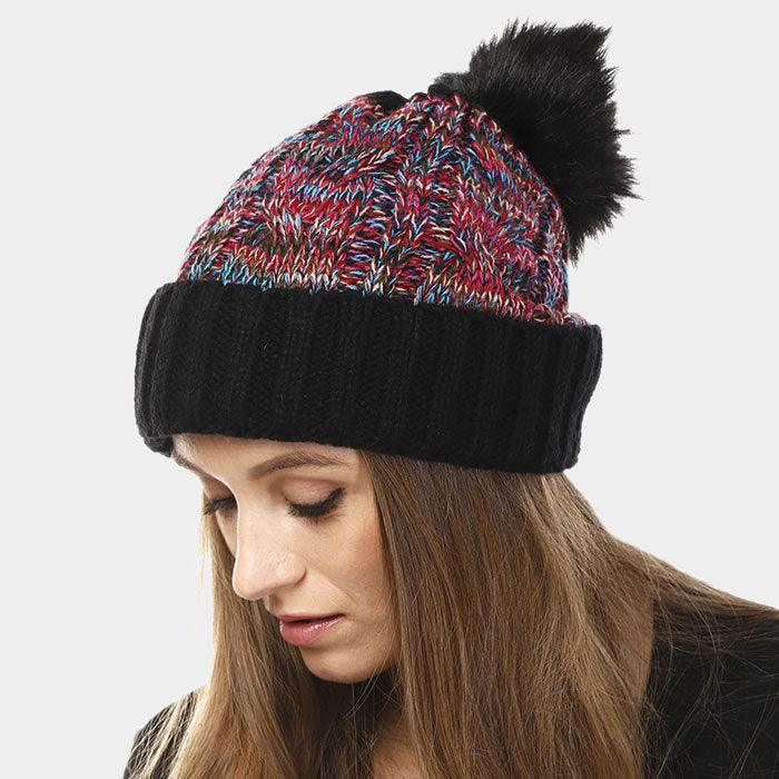 Multi Color Cable Knit Pom Pom Beanie Hat - Jewelry Store by Erik Rayo