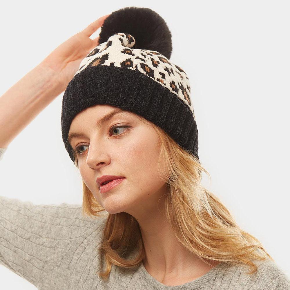 Leopard Print Pom Pom Beanie Hat - Jewelry Store by Erik Rayo