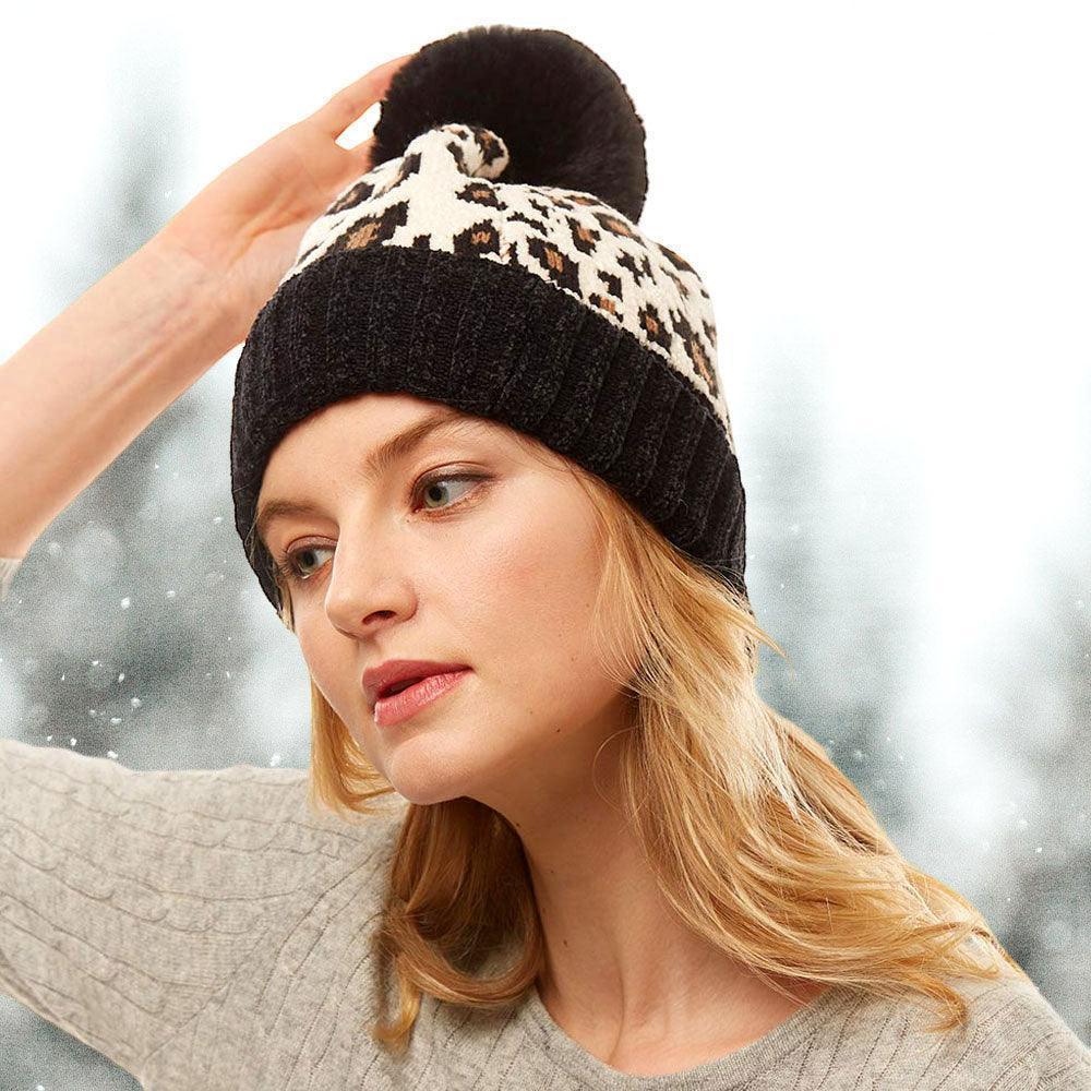 Leopard Print Pom Pom Beanie Hat - Jewelry Store by Erik Rayo
