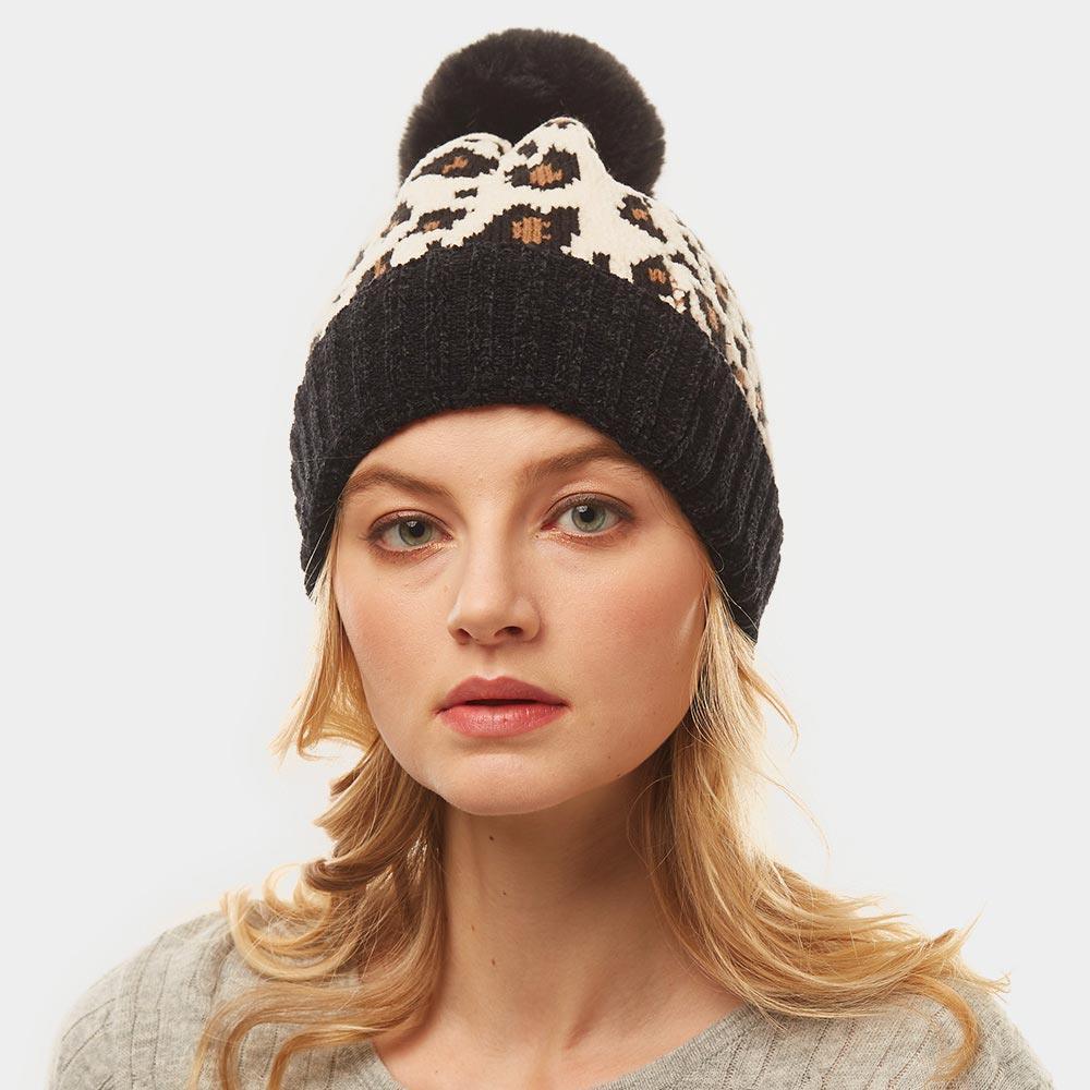 Leopard Print Pom Pom Beanie Hat - Jewelry Store by Erik Rayo