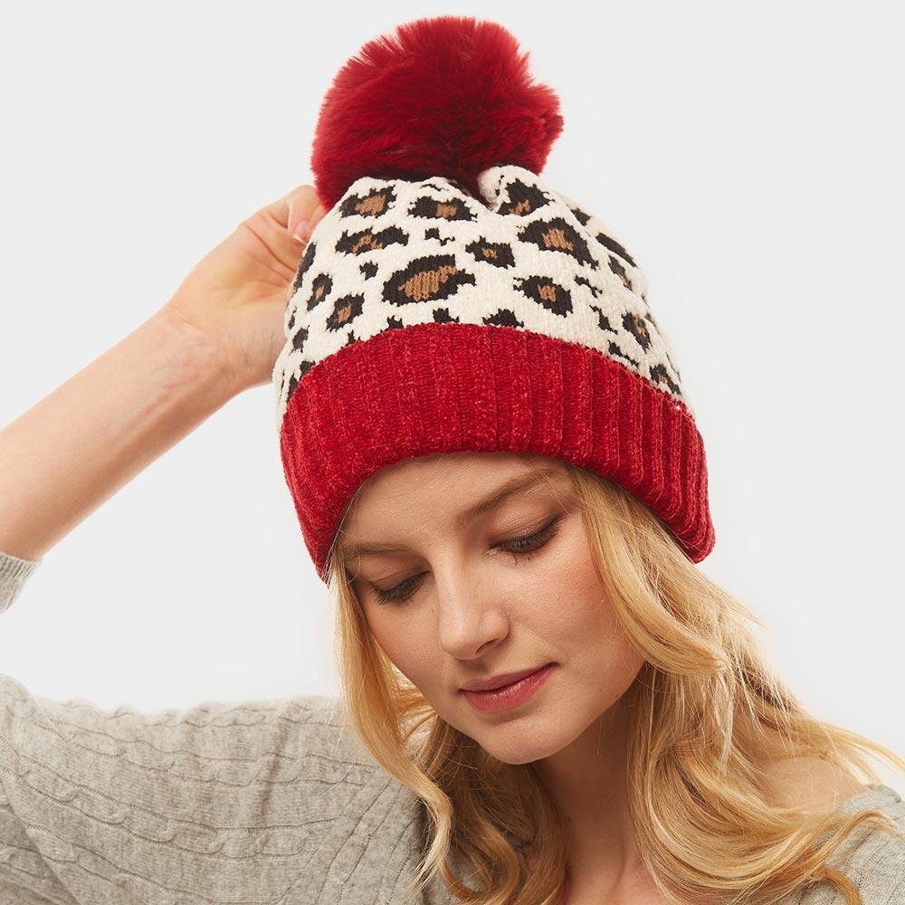 Leopard Print Pom Pom Beanie Hat - Jewelry Store by Erik Rayo