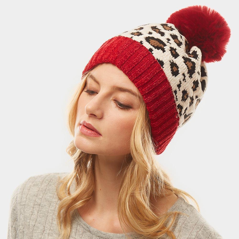 Leopard Print Pom Pom Beanie Hat - Jewelry Store by Erik Rayo