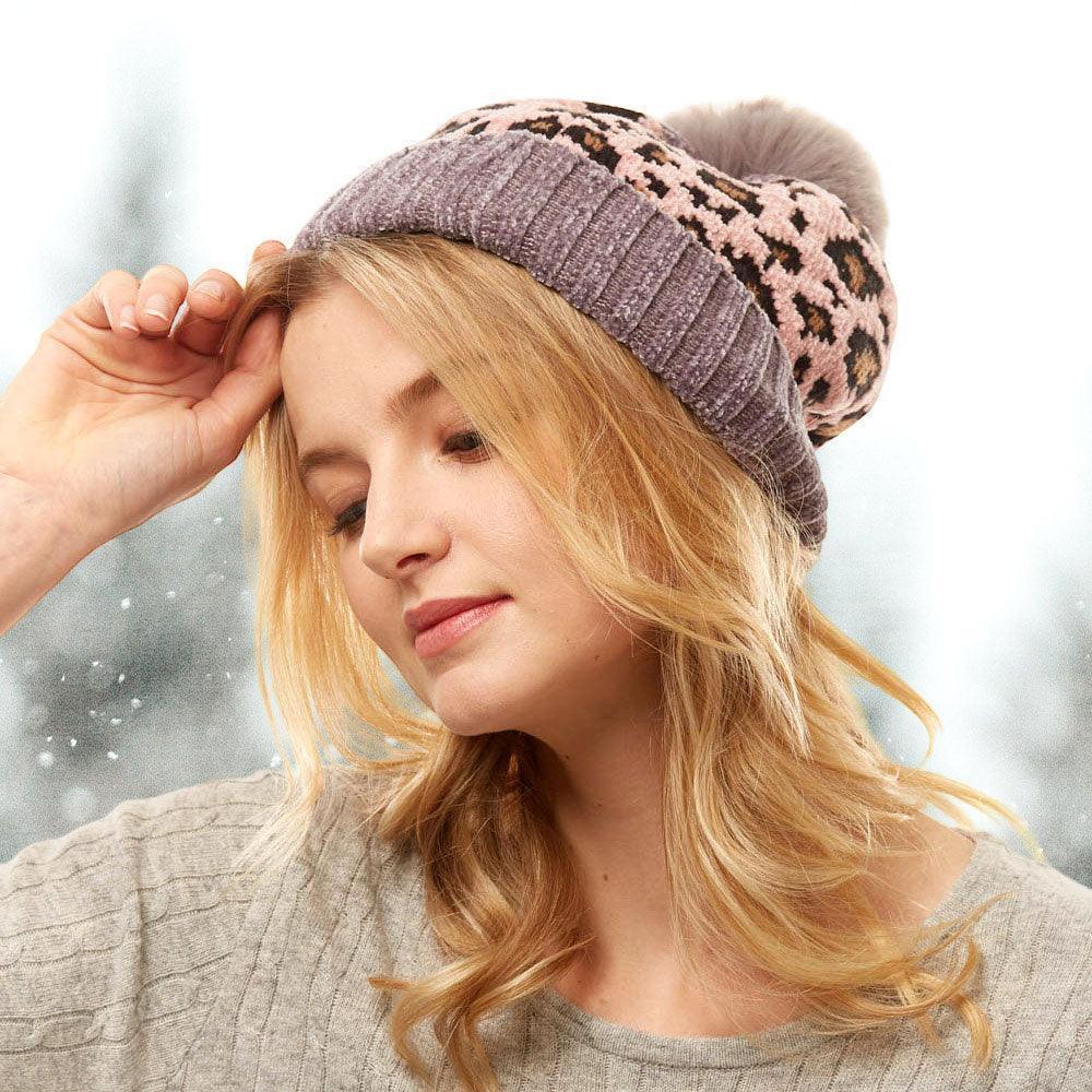 Leopard Print Pom Pom Beanie Hat - Jewelry Store by Erik Rayo