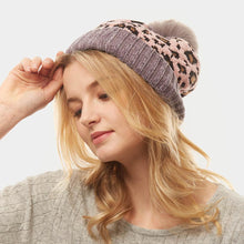 Load image into Gallery viewer, Leopard Print Pom Pom Beanie Hat
