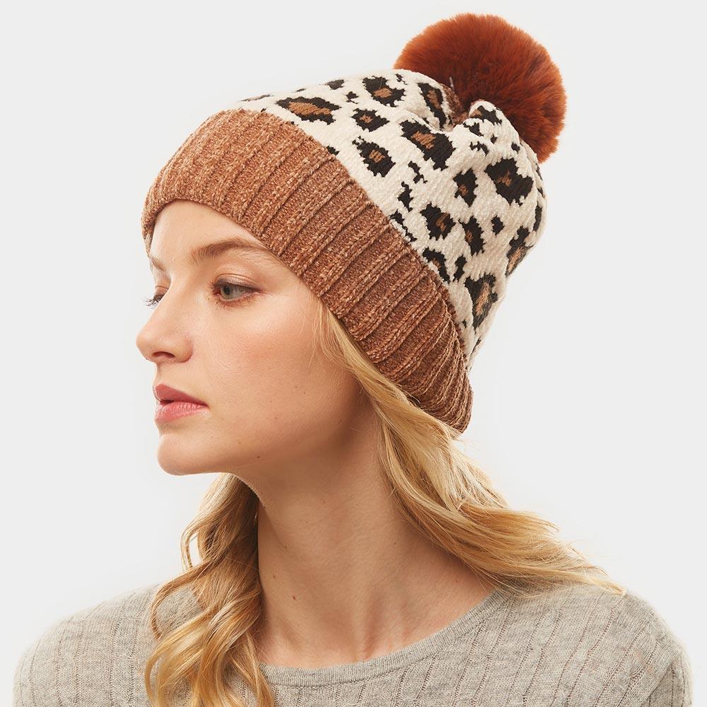 Leopard Print Pom Pom Beanie Hat - Jewelry Store by Erik Rayo