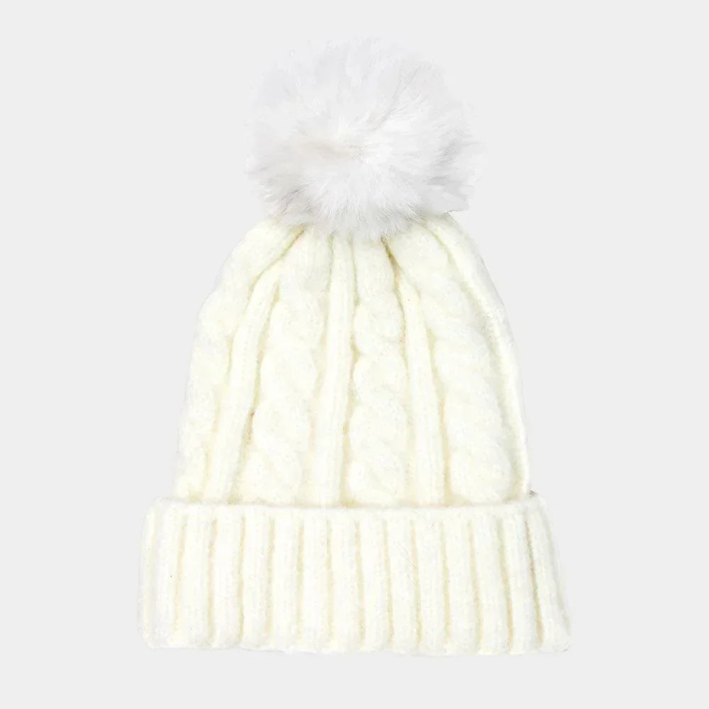 Cable Knit Pompom Solid Beanie Hat - Jewelry Store by Erik Rayo
