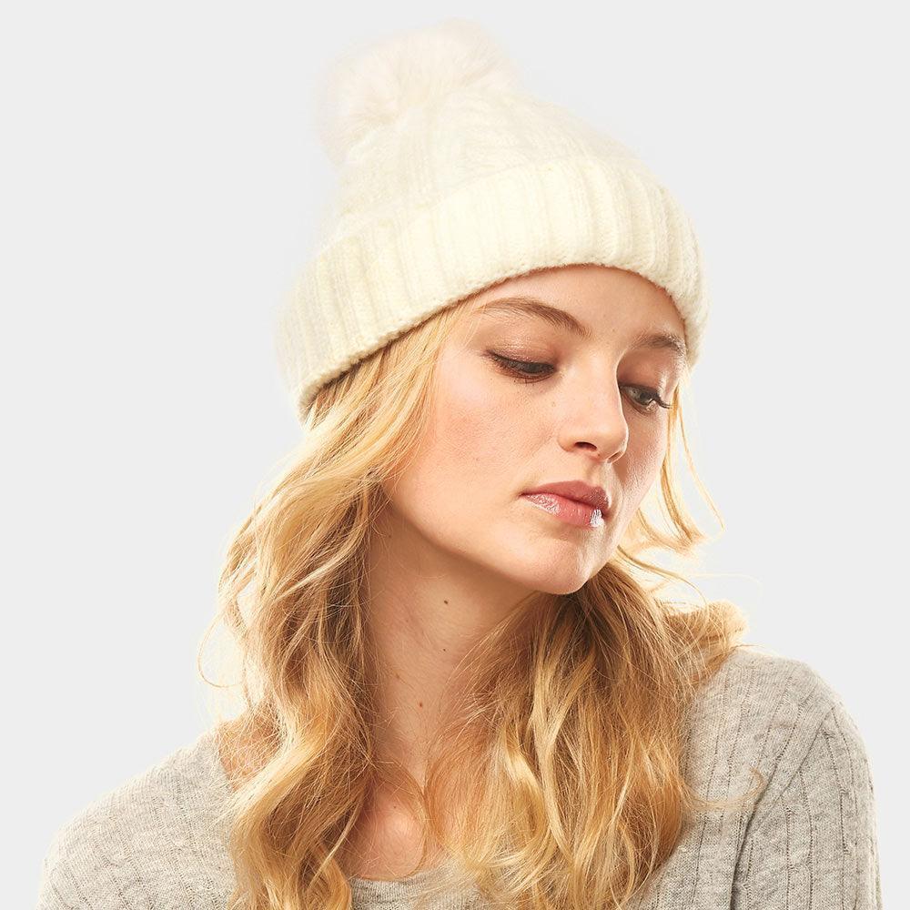 Cable Knit Pompom Solid Beanie Hat - Jewelry Store by Erik Rayo