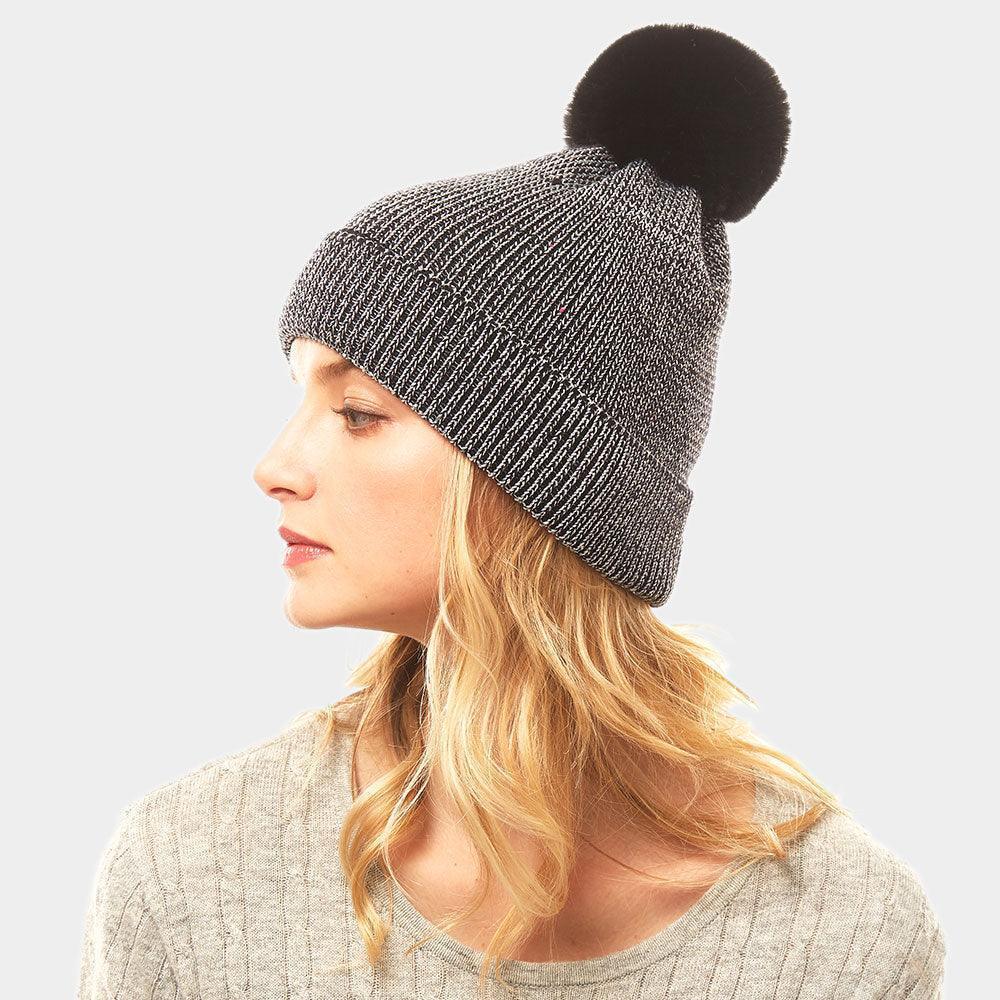 Metallic Thread Pompom Beanie Hat - Jewelry Store by Erik Rayo