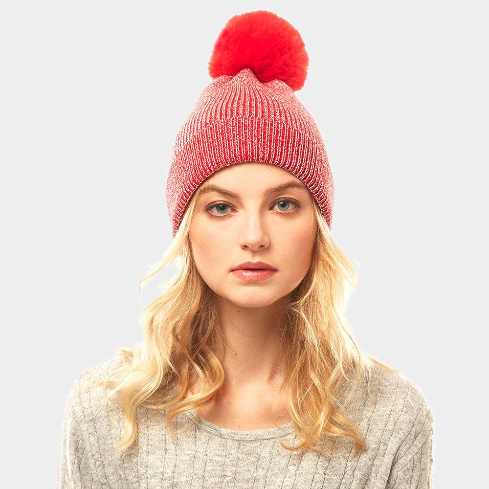 Metallic Thread Pompom Beanie Hat