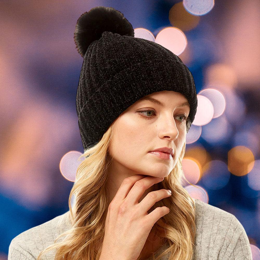 Solid Chenille Pom Pom Beanie Hat - Jewelry Store by Erik Rayo