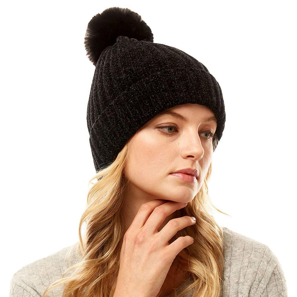 Solid Chenille Pom Pom Beanie Hat - Jewelry Store by Erik Rayo