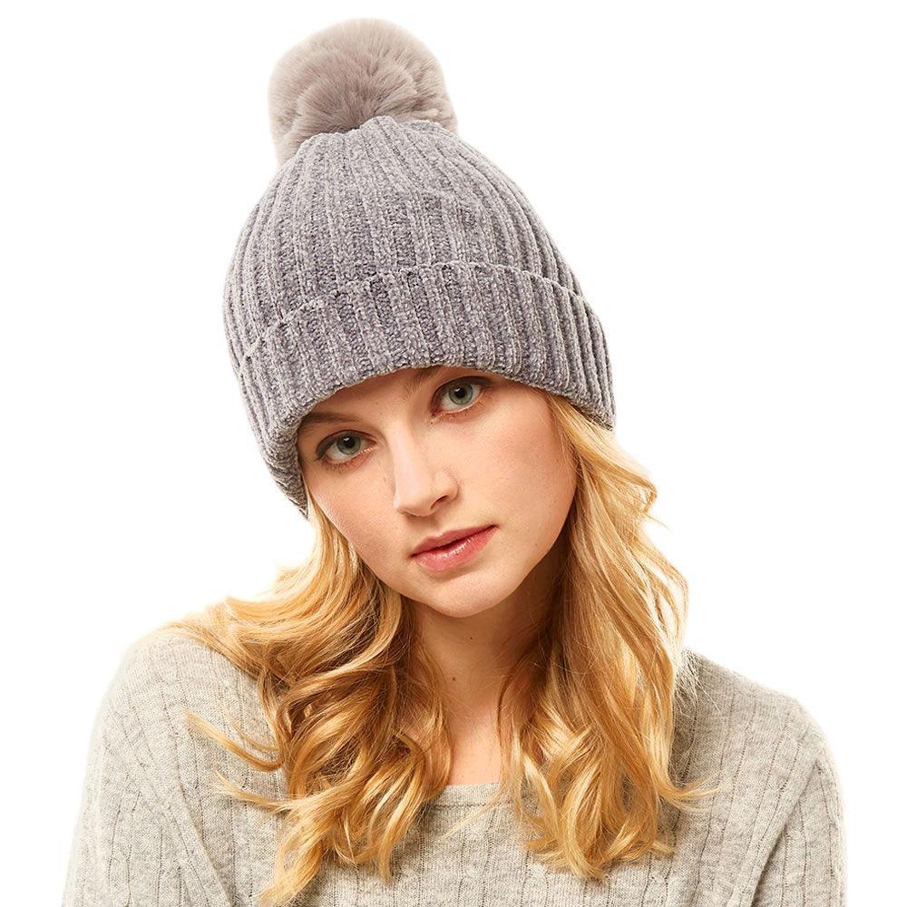 Solid Chenille Pom Pom Beanie Hat - Jewelry Store by Erik Rayo