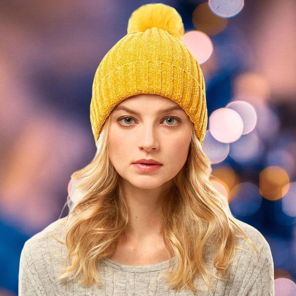 Solid Chenille Pom Pom Beanie Hat - Jewelry Store by Erik Rayo