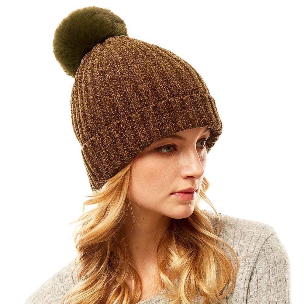 Solid Chenille Pom Pom Beanie Hat - Jewelry Store by Erik Rayo