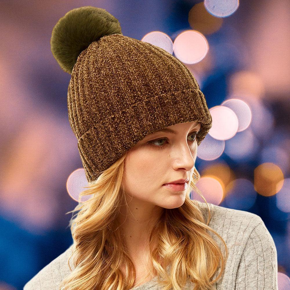 Solid Chenille Pom Pom Beanie Hat - Jewelry Store by Erik Rayo