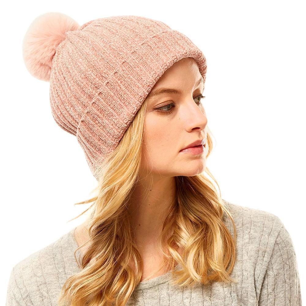 Solid Chenille Pom Pom Beanie Hat - Jewelry Store by Erik Rayo