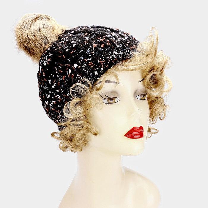 Multicolor knit beanie hat with furry pom pom