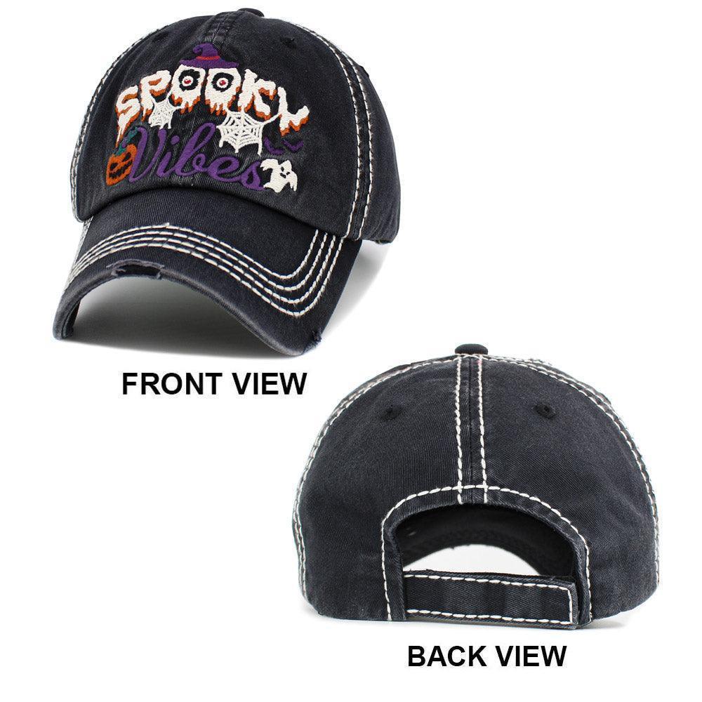 Spooky Vibes Message Witch Hat Pumpkin Ghost Pointed Vintage Baseball Cap - Jewelry Store by Erik Rayo