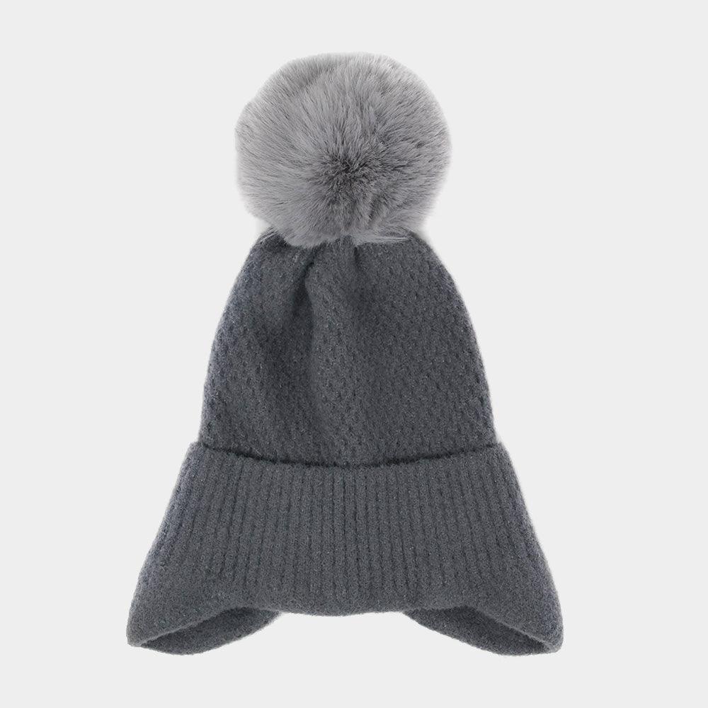 Solid Earflap Knit Pom Pom Beanie Hat - Jewelry Store by Erik Rayo