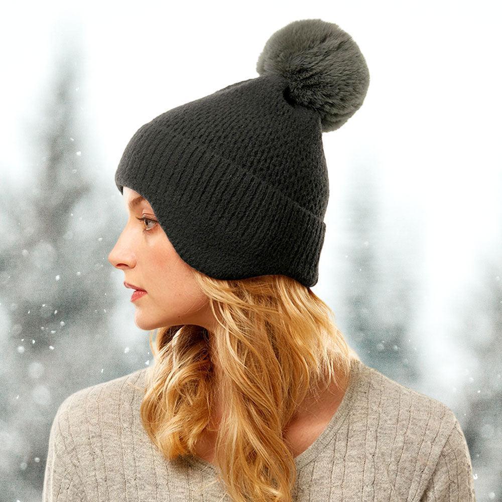 Solid Earflap Knit Pom Pom Beanie Hat - Jewelry Store by Erik Rayo