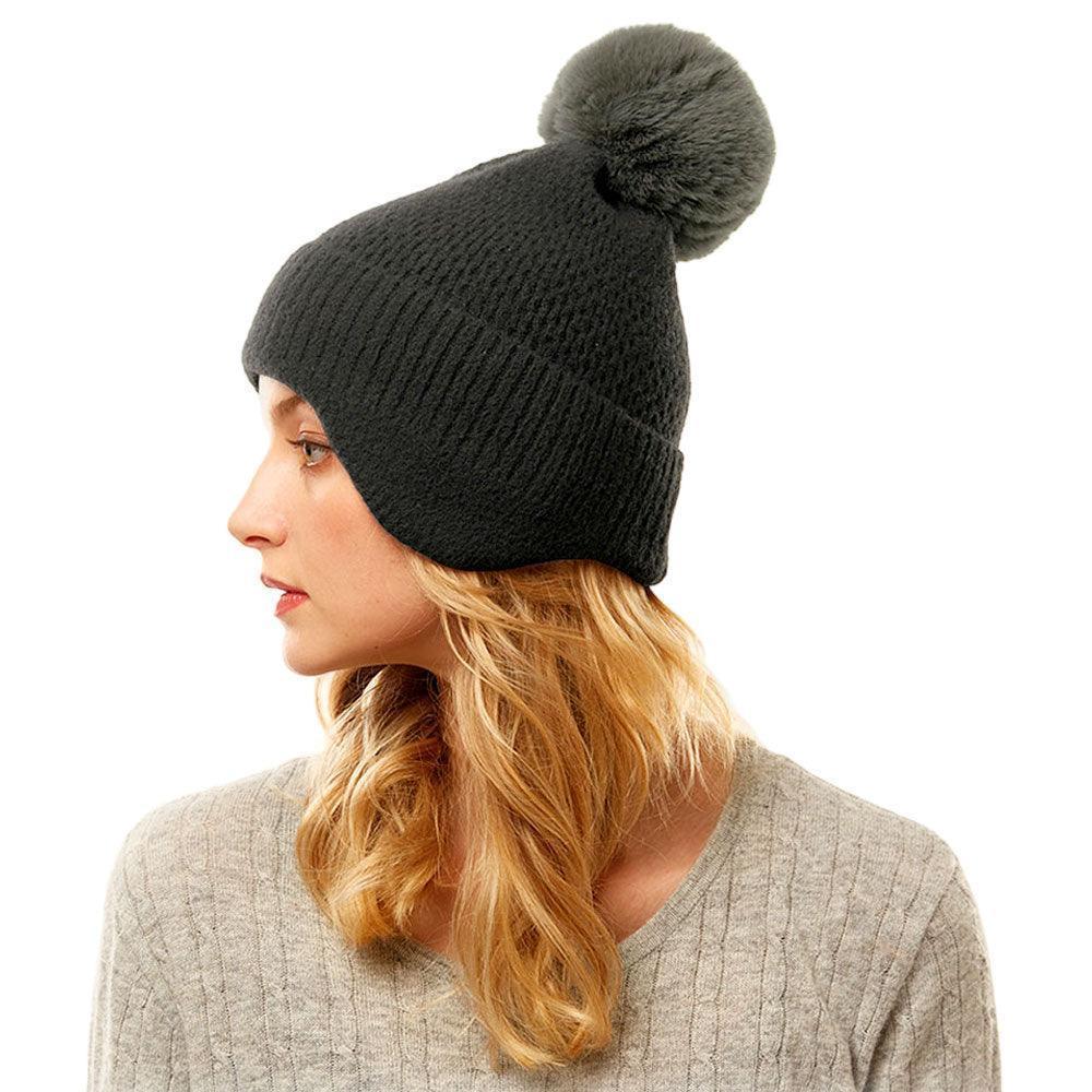 Solid Earflap Knit Pom Pom Beanie Hat - Jewelry Store by Erik Rayo