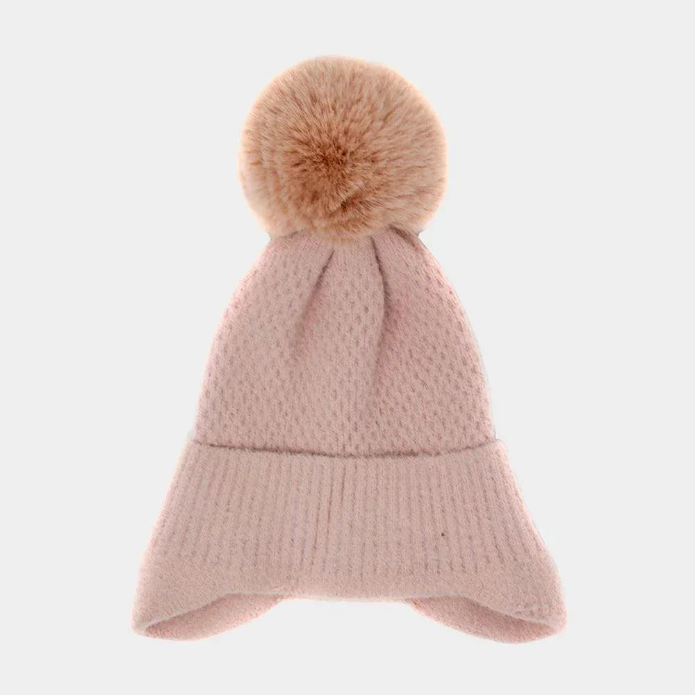 Solid Earflap Knit Pom Pom Beanie Hat - Jewelry Store by Erik Rayo
