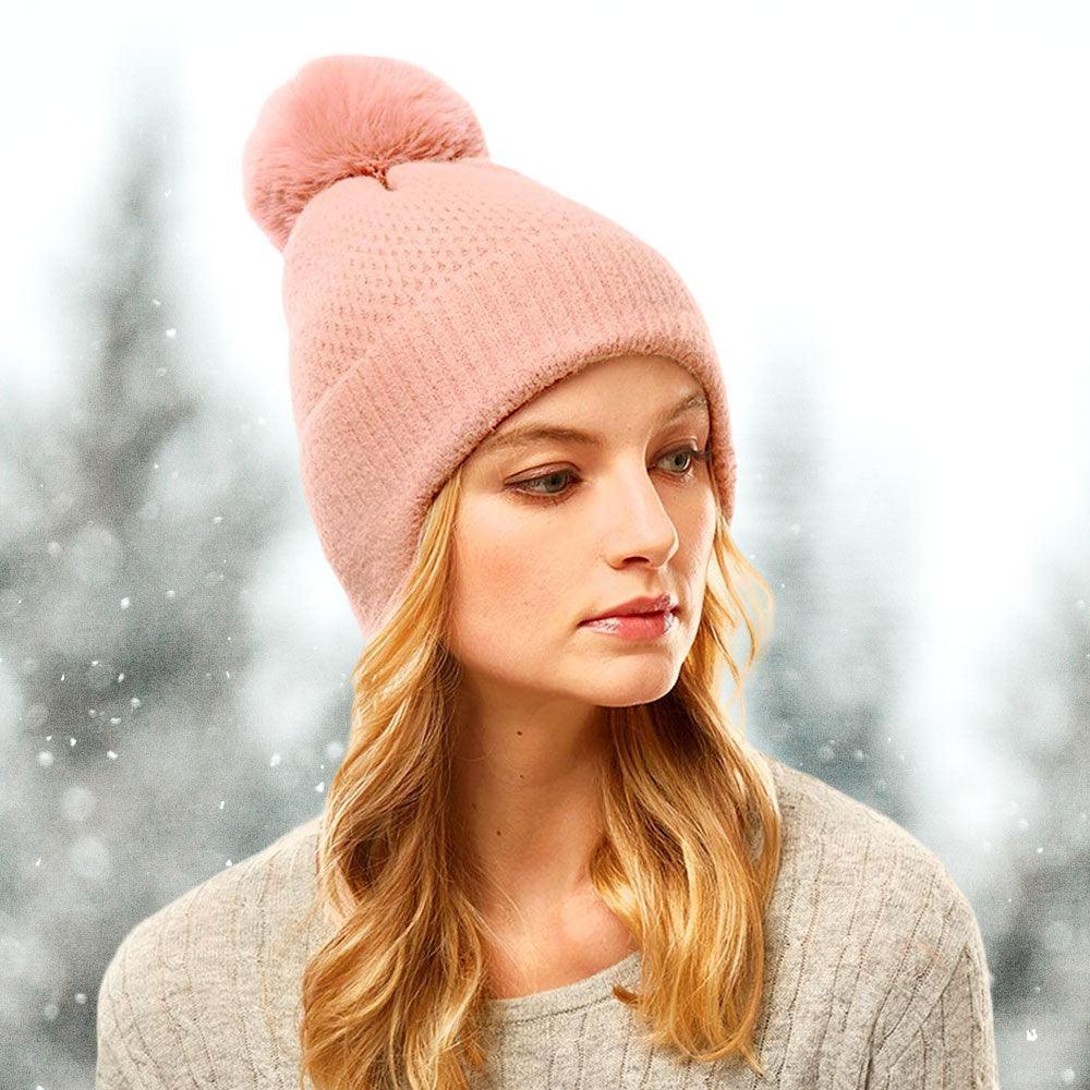 Solid Earflap Knit Pom Pom Beanie Hat - Jewelry Store by Erik Rayo