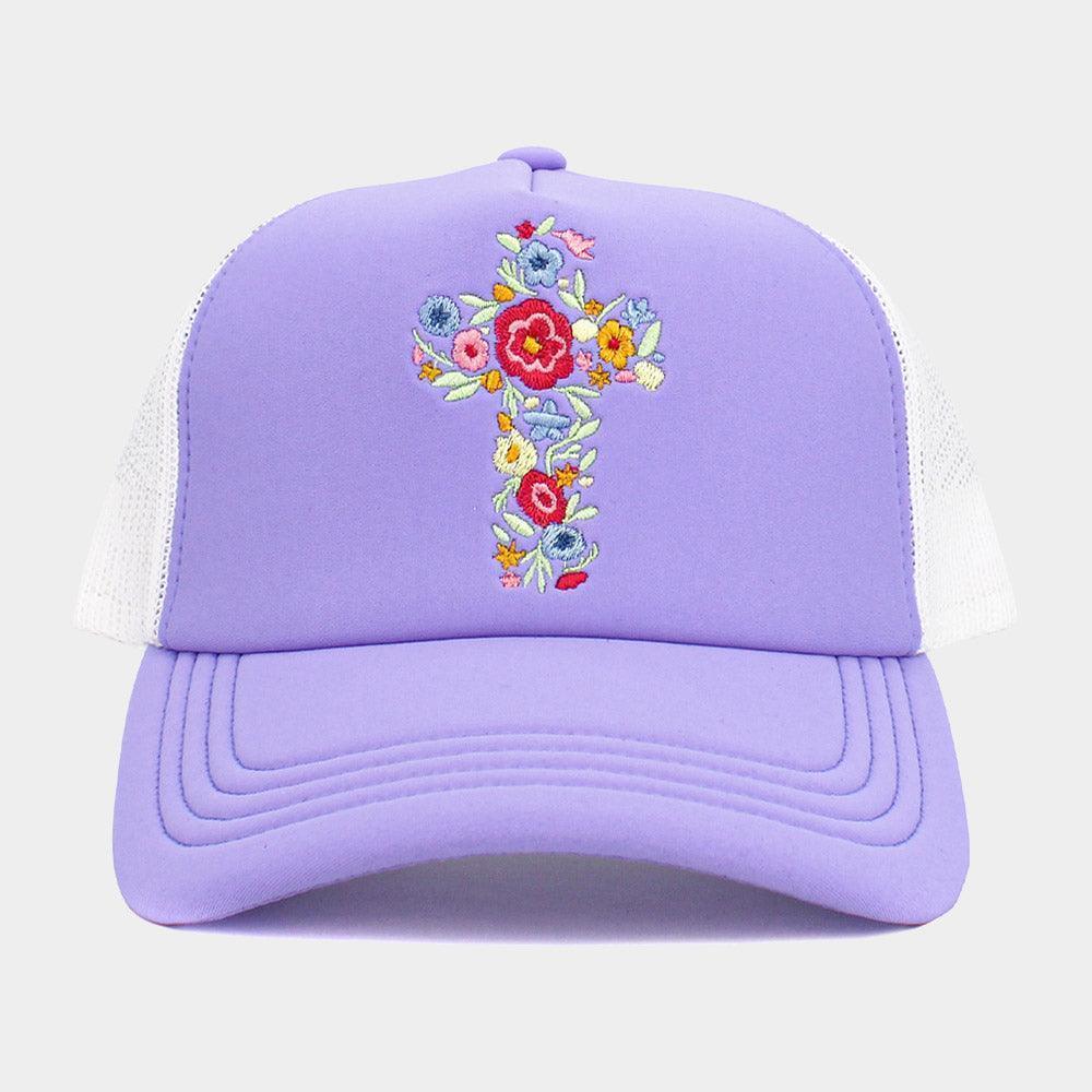 Floral Cross Embroidered Mesh Back Baseball Cap - Jewelry Store by Erik Rayo
