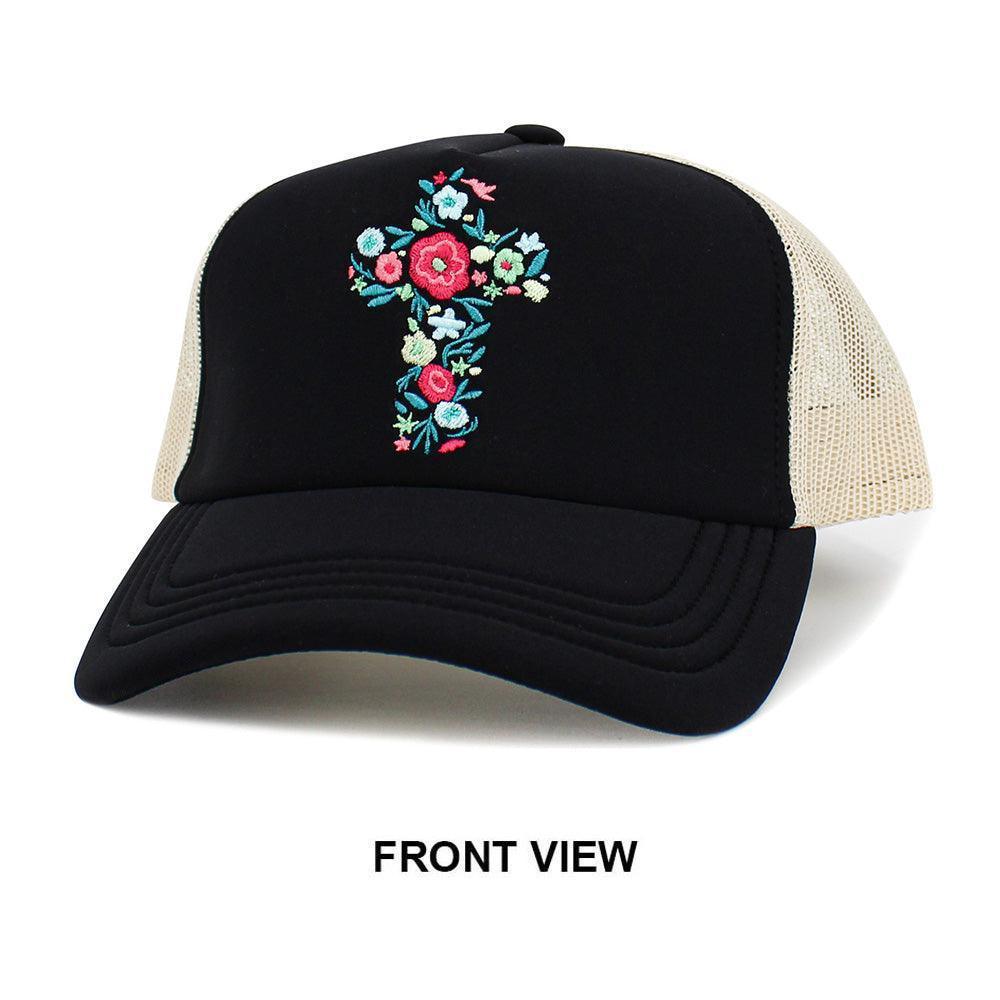 Floral Cross Embroidered Mesh Back Baseball Cap - Jewelry Store by Erik Rayo