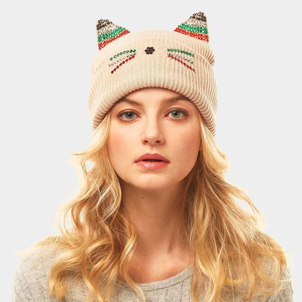 Crystal Embellished Cat Ear Beanie Hat - Jewelry Store by Erik Rayo
