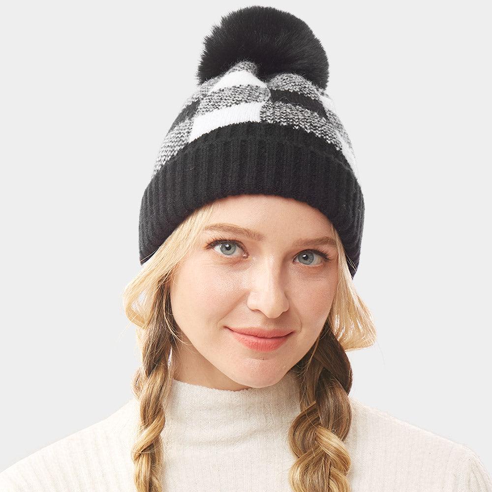 Buffalo Check Knit Pom Pom Beanie Hat - Jewelry Store by Erik Rayo