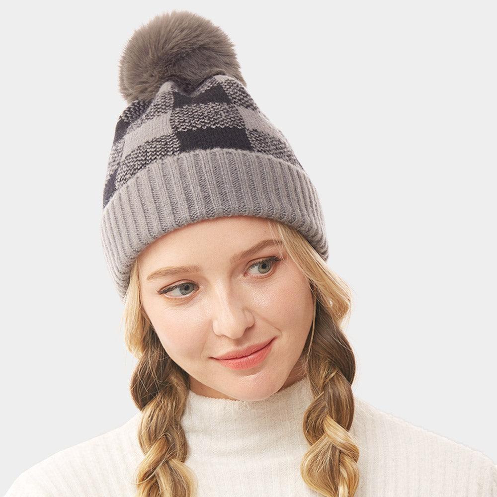 Buffalo Check Knit Pom Pom Beanie Hat - Jewelry Store by Erik Rayo