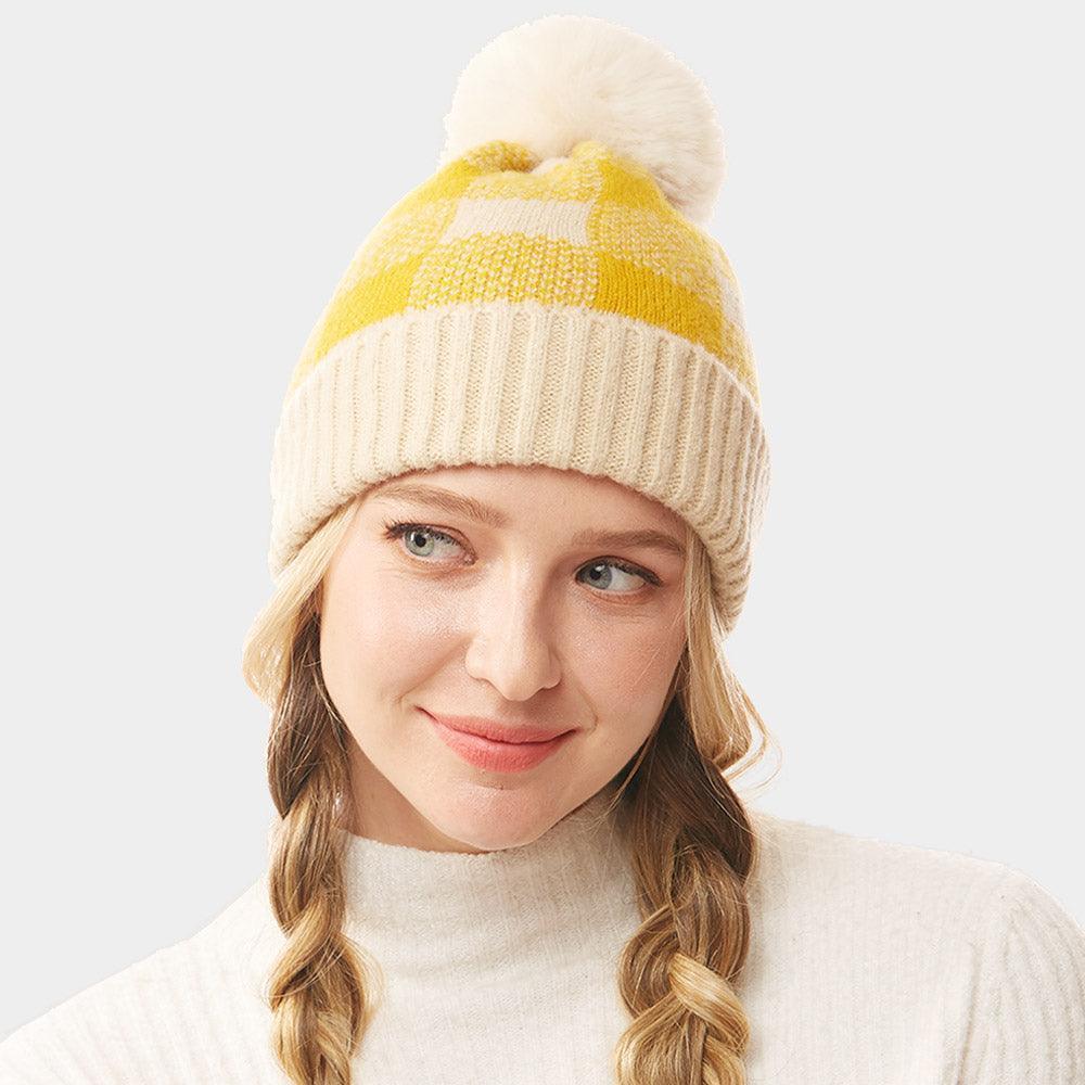 Buffalo Check Knit Pom Pom Beanie Hat - Jewelry Store by Erik Rayo