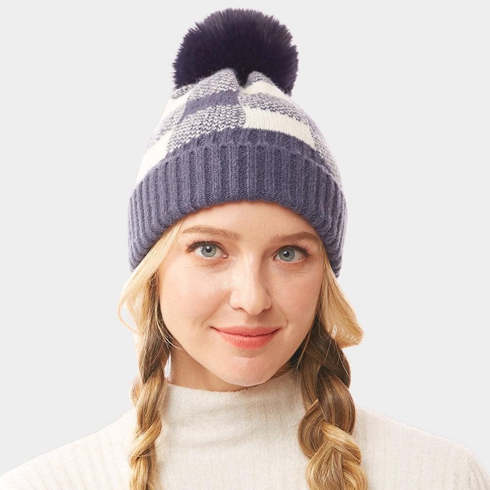 Buffalo Check Knit Pom Pom Beanie Hat - Jewelry Store by Erik Rayo