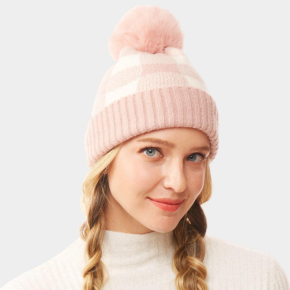 Buffalo Check Knit Pom Pom Beanie Hat - Jewelry Store by Erik Rayo