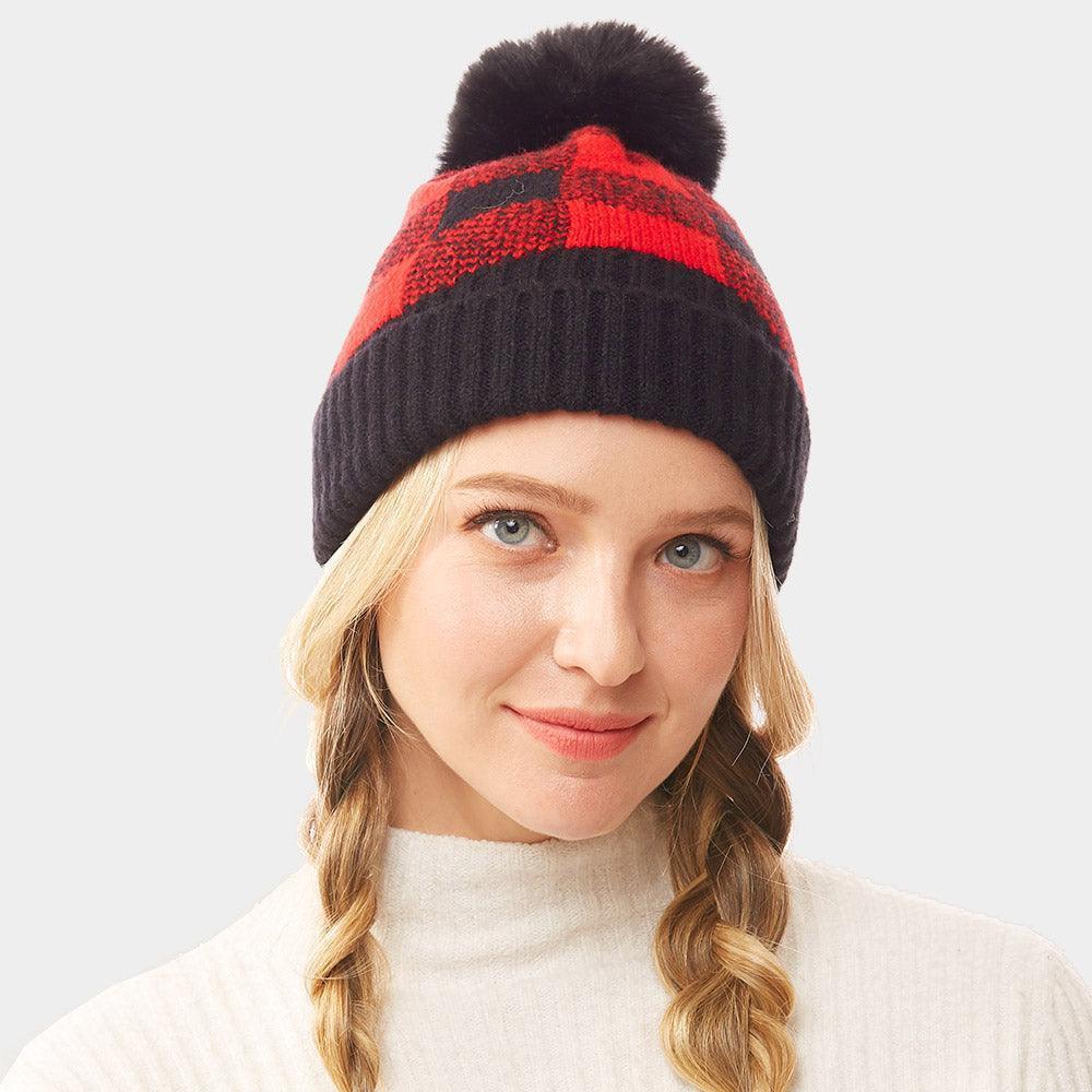 Buffalo Check Knit Pom Pom Beanie Hat - Jewelry Store by Erik Rayo
