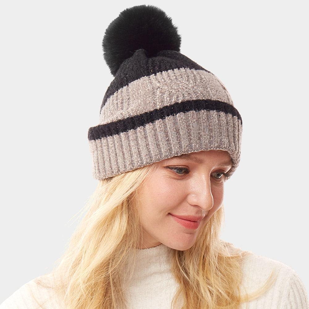 Colorful Lurex Accented Two Tone Knit Pom Pom Beanie Hat - Jewelry Store by Erik Rayo