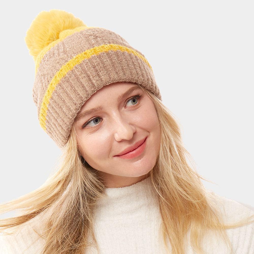 Colorful Lurex Accented Two Tone Knit Pom Pom Beanie Hat - Jewelry Store by Erik Rayo