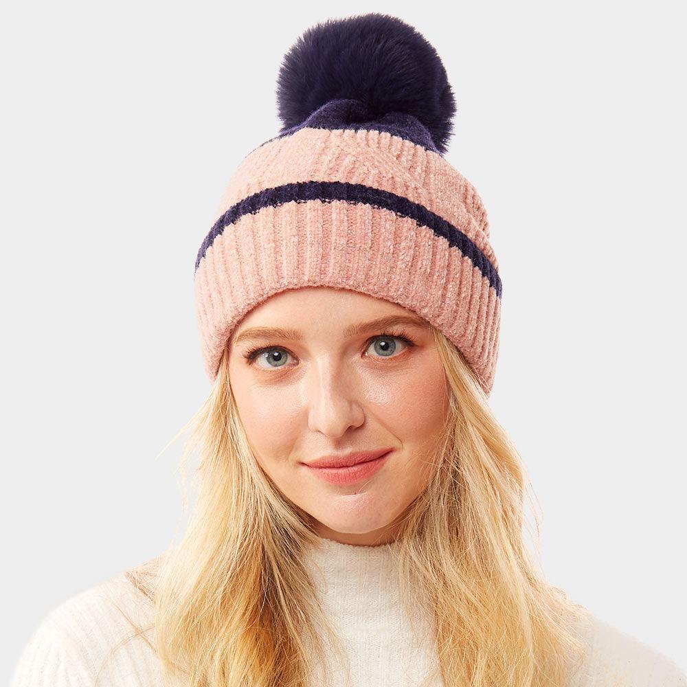 Colorful Lurex Accented Two Tone Knit Pom Pom Beanie Hat - Jewelry Store by Erik Rayo