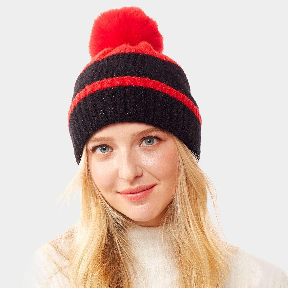 Colorful Lurex Accented Two Tone Knit Pom Pom Beanie Hat - Jewelry Store by Erik Rayo