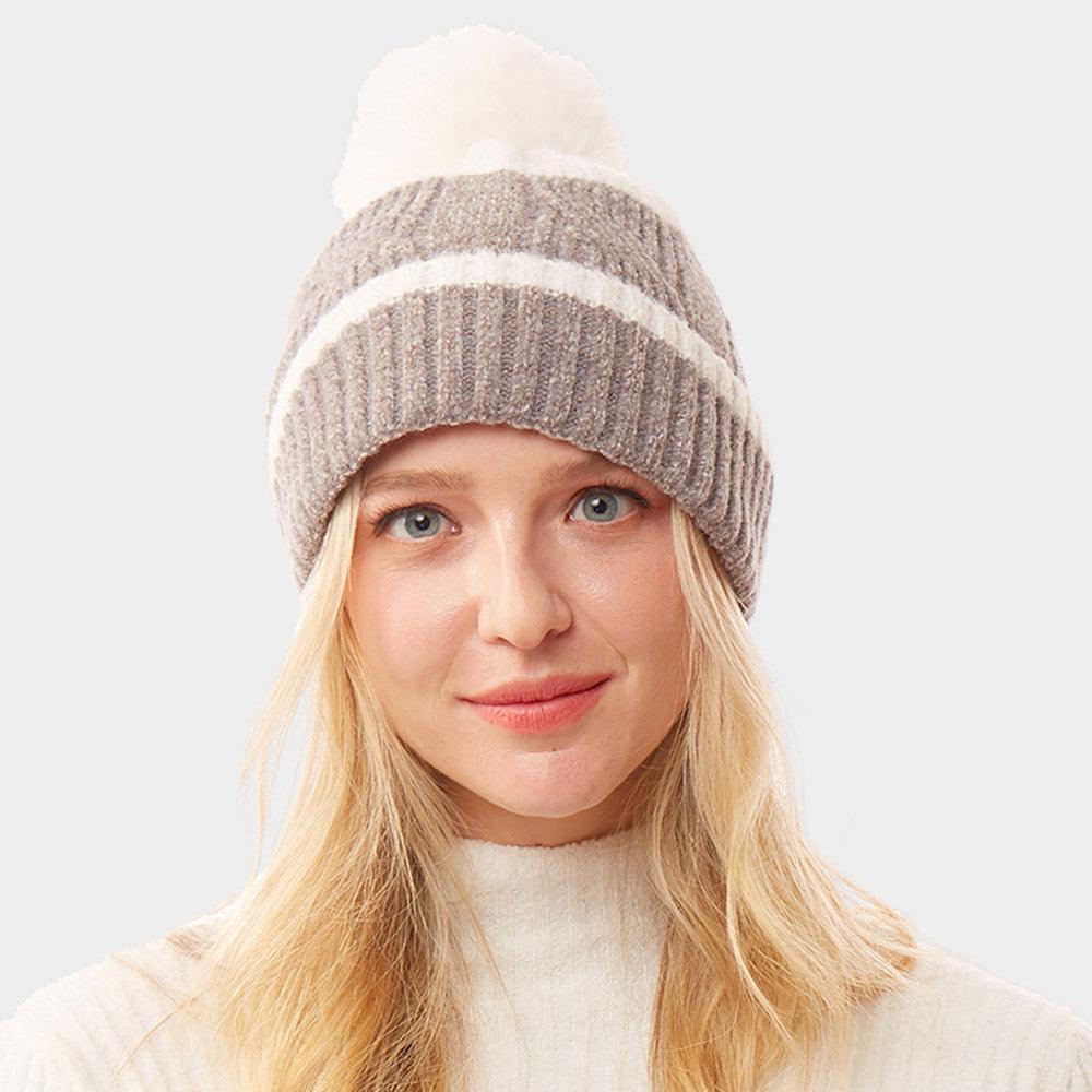 Colorful Lurex Accented Two Tone Knit Pom Pom Beanie Hat - Jewelry Store by Erik Rayo