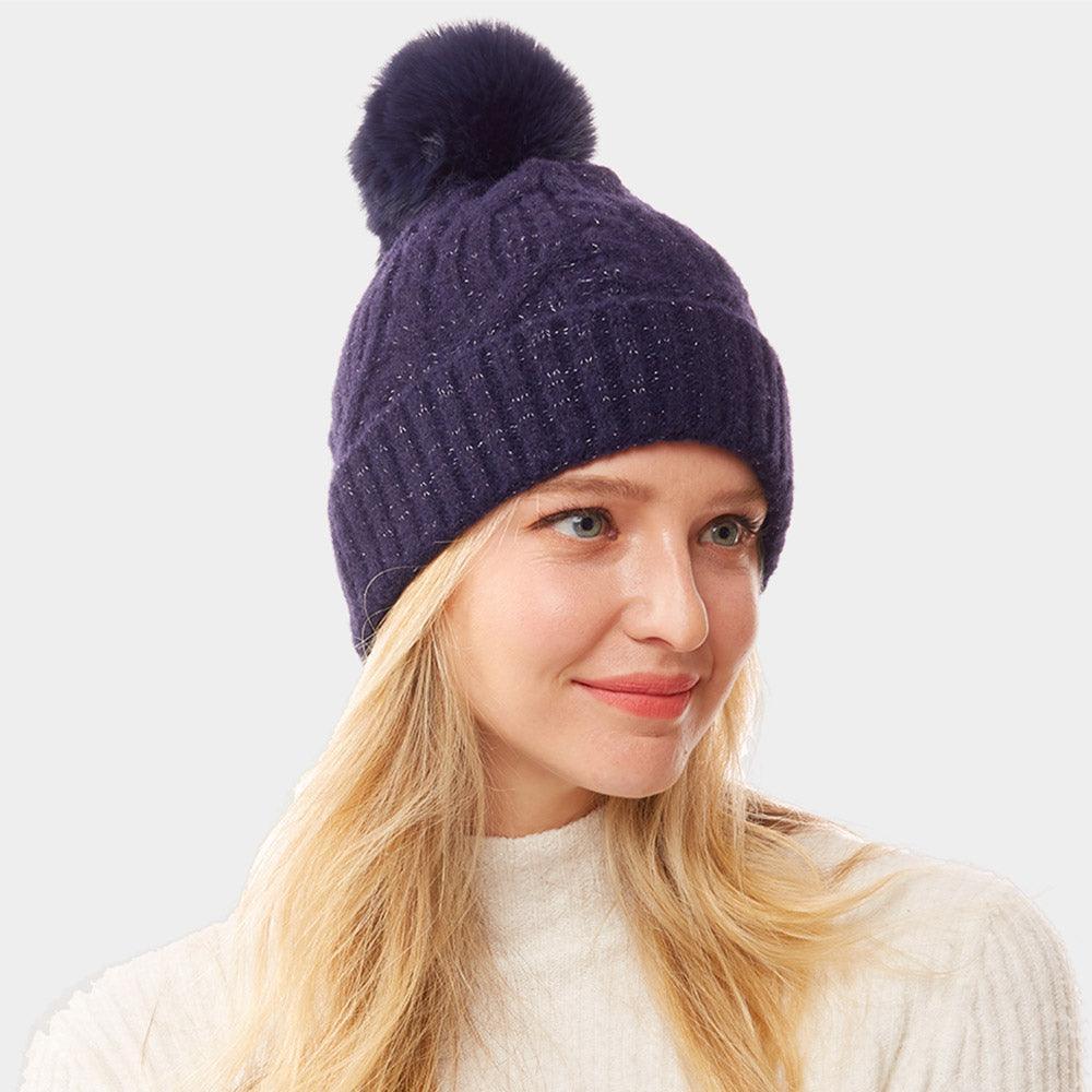 Lurex Accented Solid Cable Knitted Pom Pom Beanie Hat - Jewelry Store by Erik Rayo